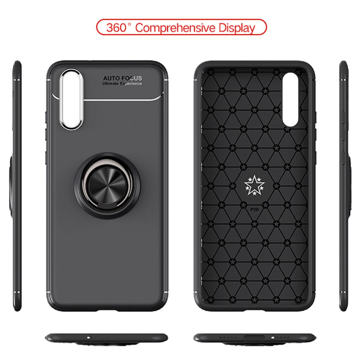 NALIA Ring Hülle kompatibel mit Huawei P20, Schutzhülle Cover magnetische Silikon Handyhülle für KFZ-Halterung 360-Grad Finger-Halter, Case Dünn Smartphone Ständer Slim Back Etui Bumper - Schwarz