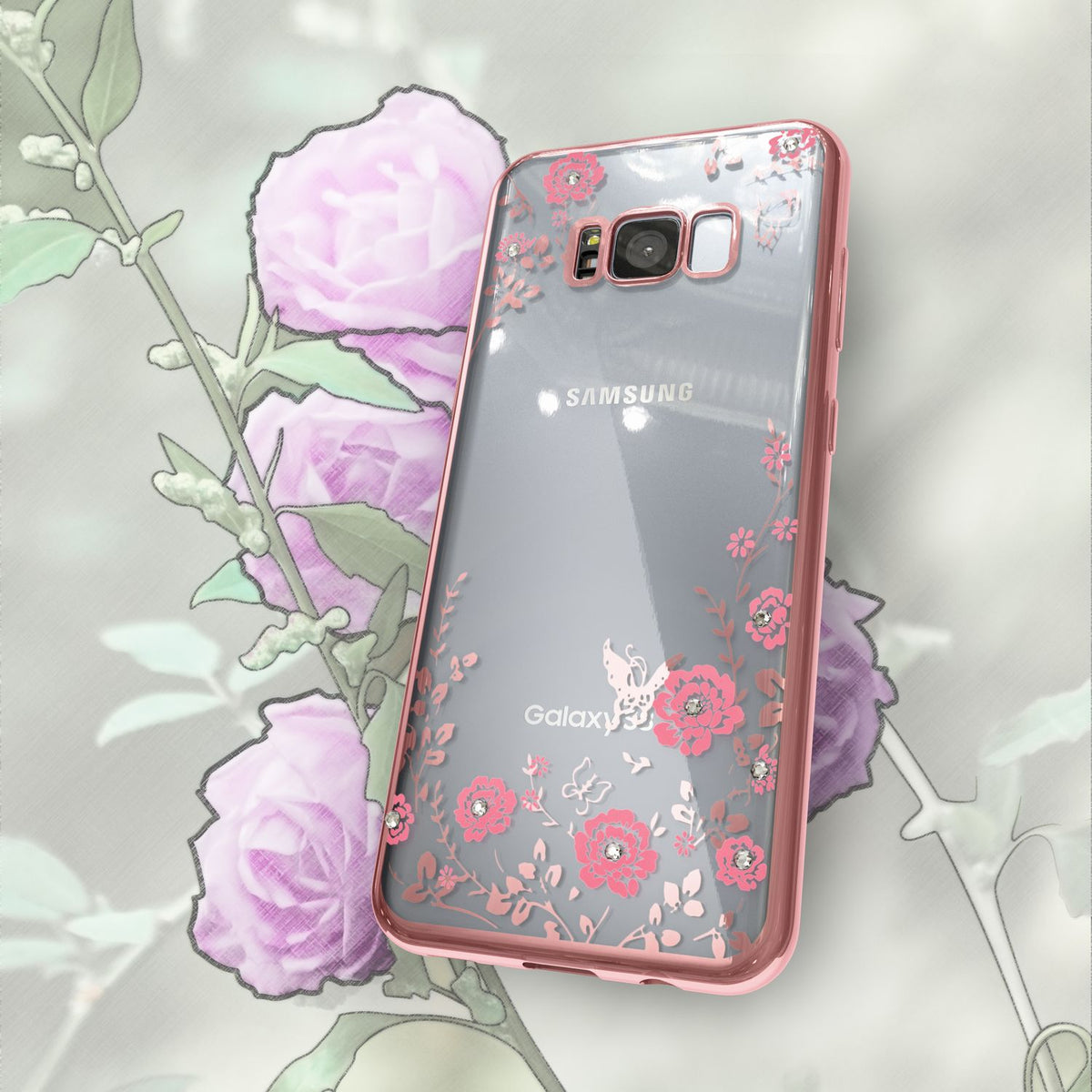 NALIA Handyhülle kompatibel mit Samsung Galaxy S8 Plus, Durchsichtiges Slim Silikon Case Blumen-Muster Metall-Optik, Dünne Schutzhülle Glitzer-Steine Bling Cover Etui Handy-Tasche Hülle