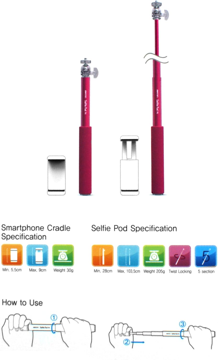 SYSTEM-S Matin Selfie Stange Stick Stab Monopod Teleskop ca. 25cm - 100cm Selfiestick Halter für Kameras Smartphones Handys von 5,5cm - 9cm - DREIKS