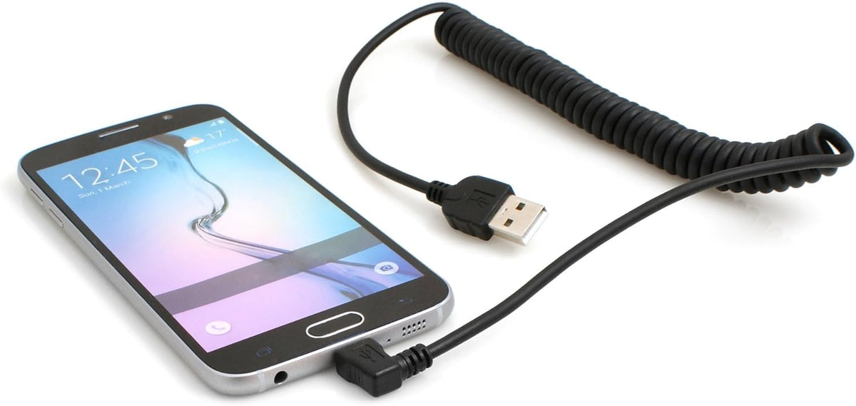 Dehnbares Spiralkabel Micro USB 2.0 kompatibel Kabel gewinkelt 90 grad Winkelstecker (rechts/male) Datenkabel und Ladekabel 50 - 135 cm | System-S