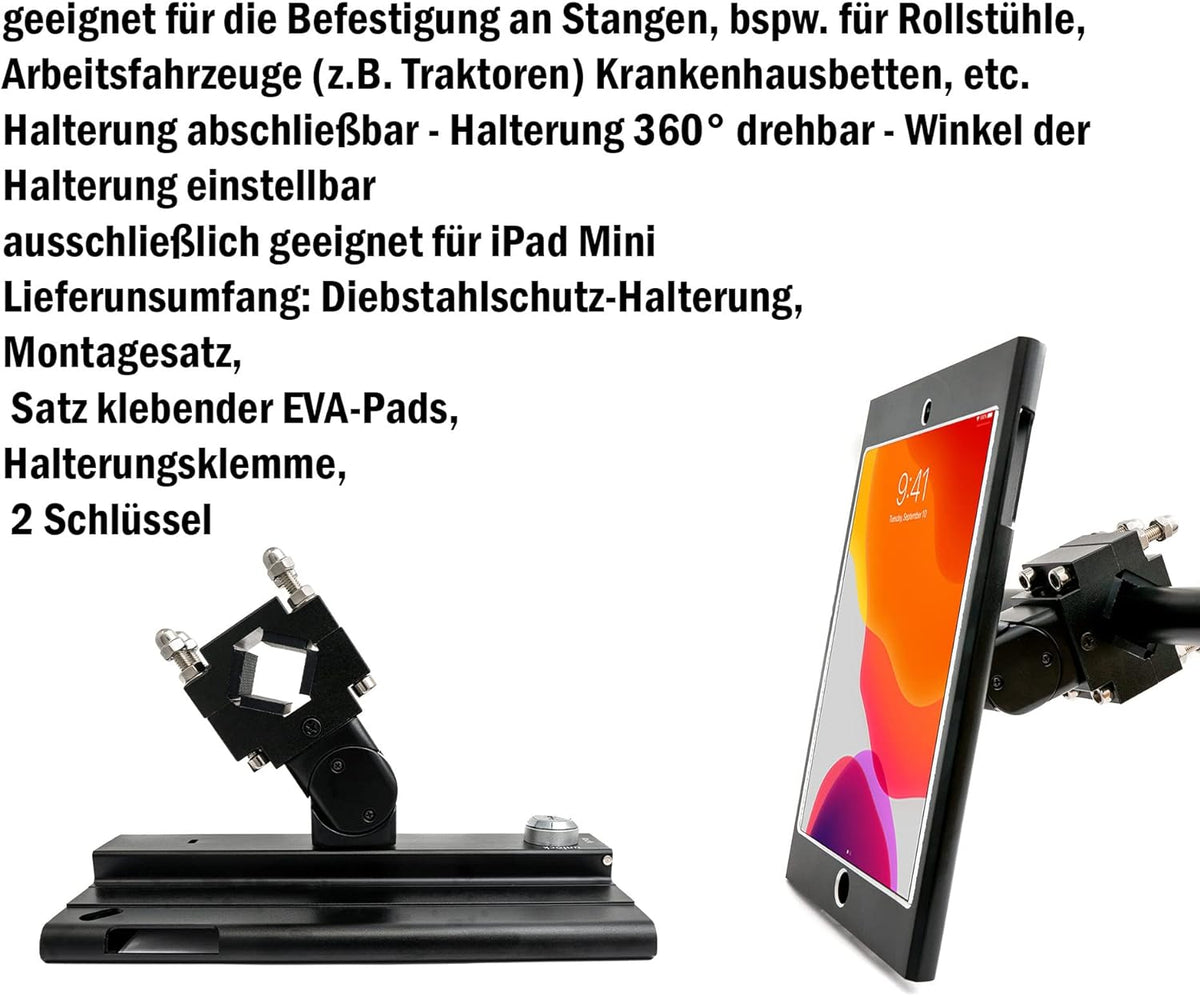 SYSTEM-S rod holder with lock fastening made of metal in black for iPad Mini