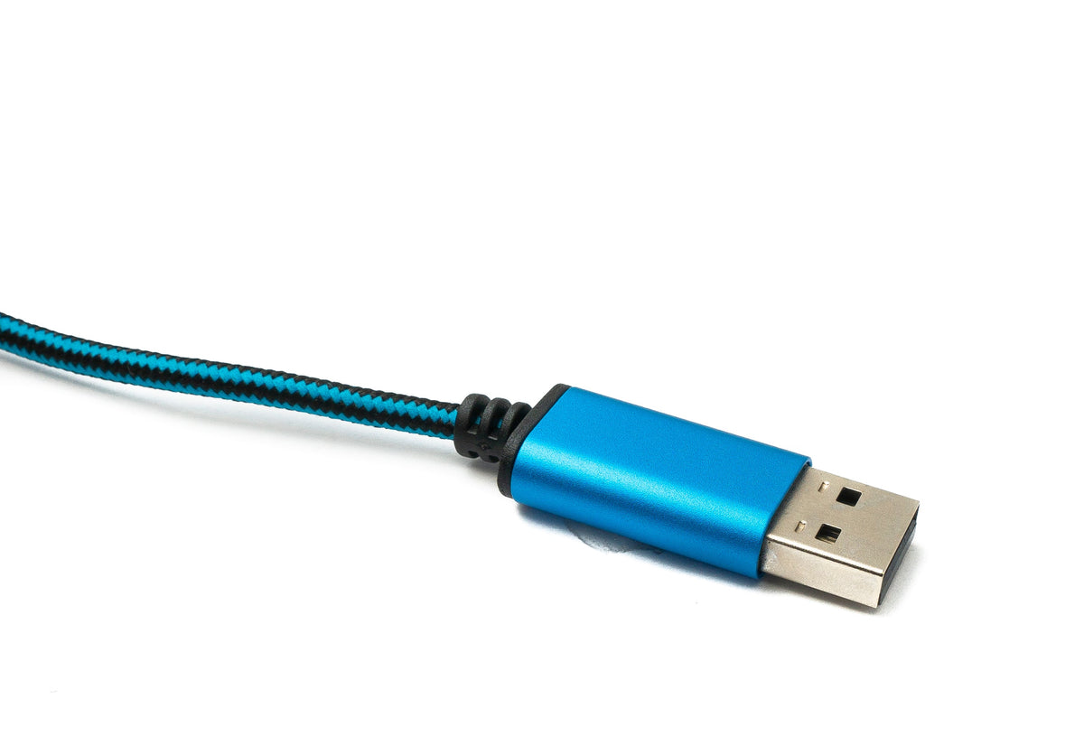 Audio USB Kabel 100 cm 3,5mm Klinke Buchse zu 2.0 Typ A Stecker AUX geflochten Blau | System-S