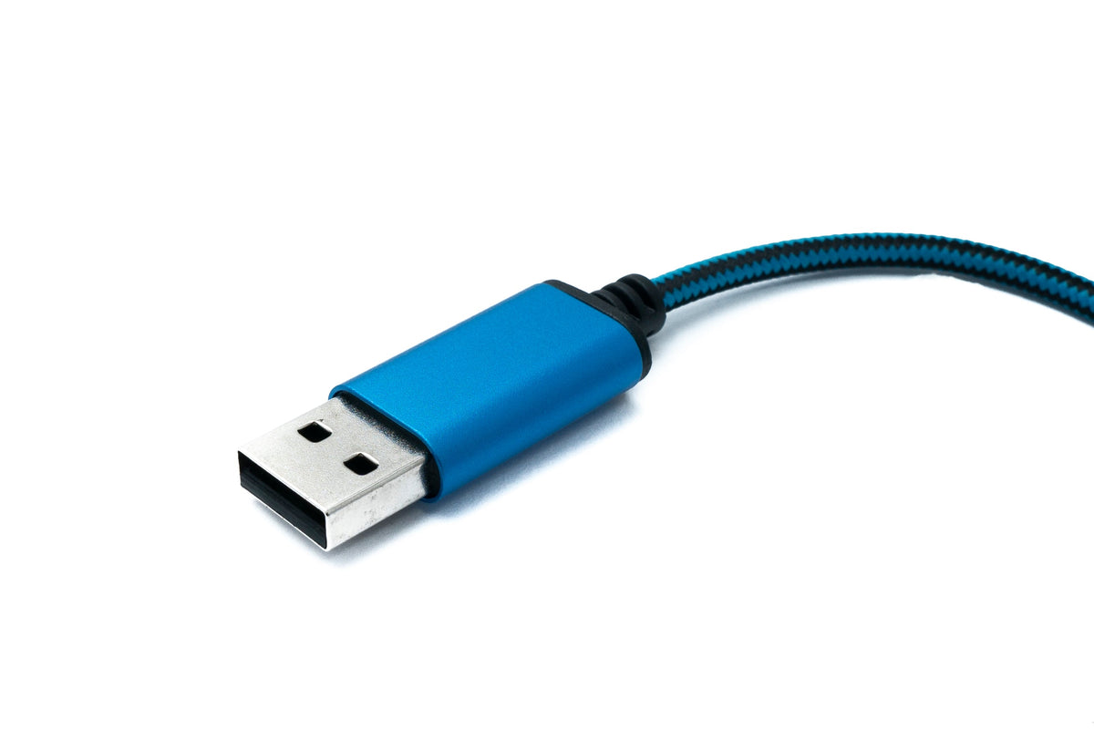 Audio USB Kabel 20 cm 3,5mm Klinke Buchse zu 2.0 Typ A Stecker AUX geflochten Blau | System-S