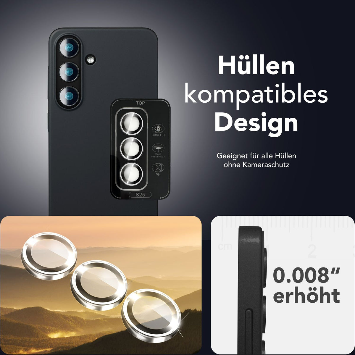 NALIA Glas Kameraschutzringe für Samsung Galaxy S25 – Linsenschutz & Case Friendly – FOCUS.PRO CLX (9H Härtegrad & Montagerahmen) – Marke aus Berlin