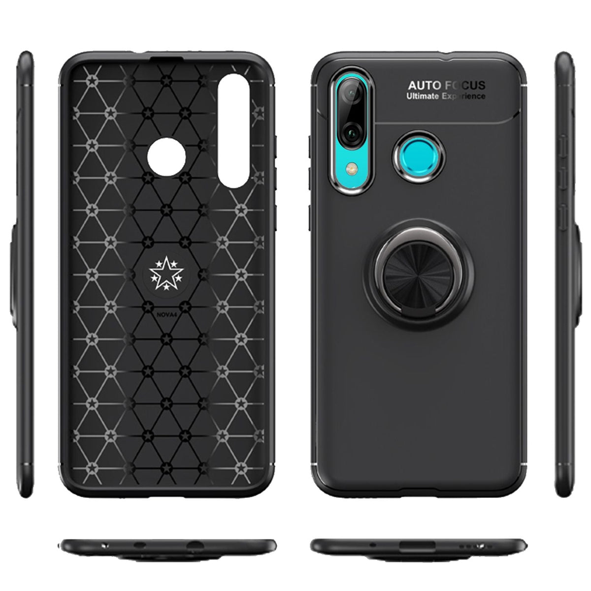 NALIA Ring Hülle kompatibel mit Huawei P smart 2019, Magnetische Silikon Handyhülle für KFZ-Halterung 360-Grad Finger-Halter, Kickstand Cover Dünne Schutzhülle Ständer Case Slim Etui Bumper - Schwarz