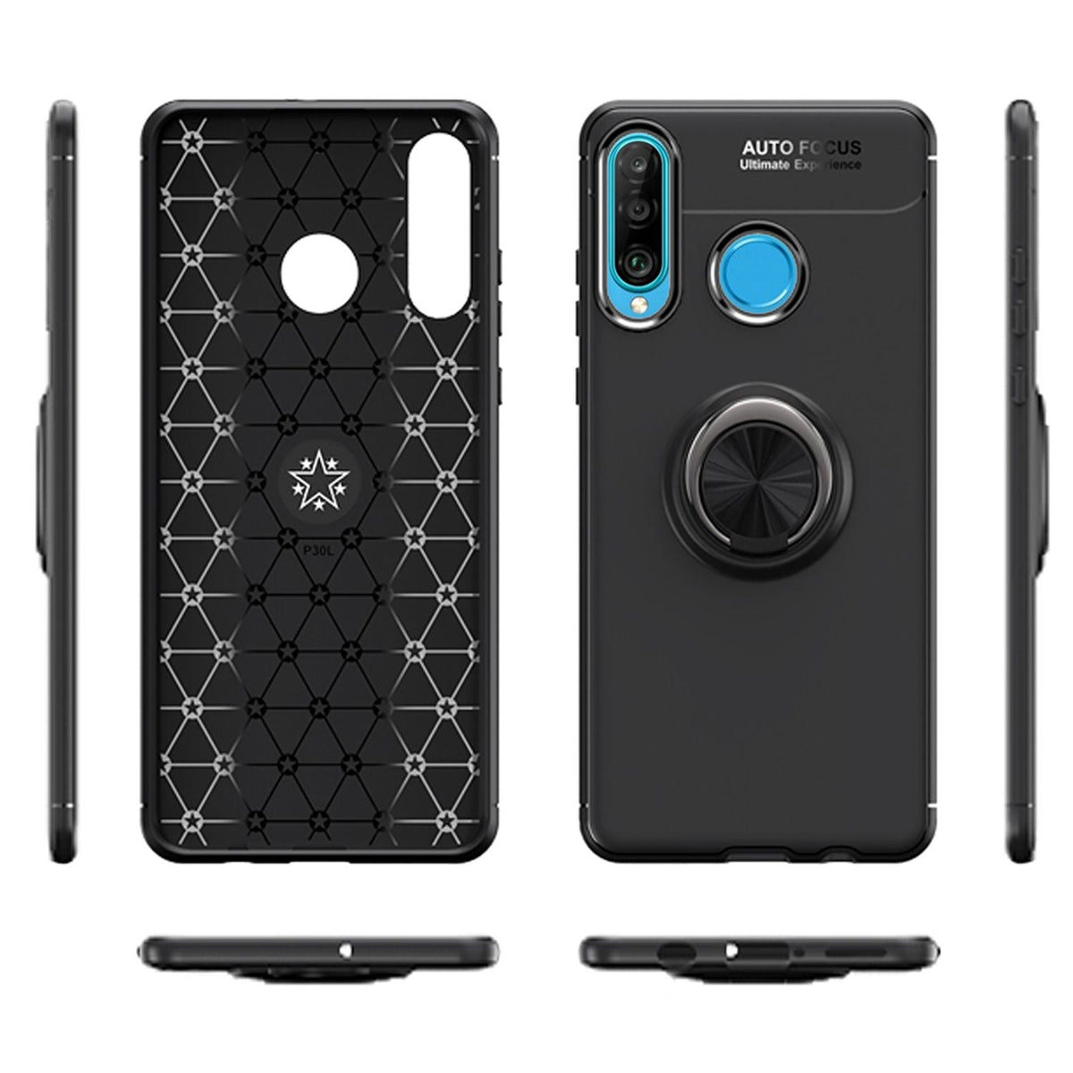 NALIA Ring Hülle kompatibel mit Huawei P30 Lite, Magnetische Silikon Handyhülle für KFZ-Halterung 360-Grad Finger-Halter, Dünnes Kickstand Cover Schutzhülle Ständer Case Slim Etui Bumper - Schwarz