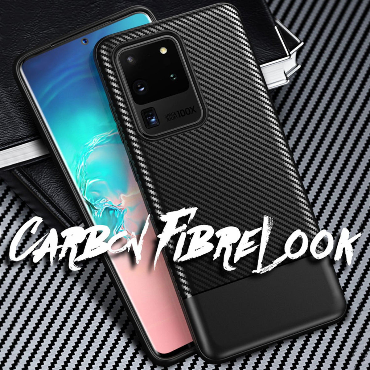 NALIA Silikonhülle für Samsung Galaxy S20 Ultra – Rutschfest & Matt – VORTEX (Gebürstete Optik & Carbon Design) – Marke aus Berlin