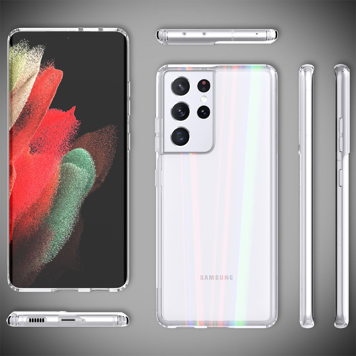 NALIA Klares Hartglas Case kompatibel mit Samsung Galaxy S21 Ultra Hülle, Transparentes Regenbogen Hardcase aus Tempered Glass & Silikon Bumper, Holografisch Bunt Glänzende Handyhülle Cover Kratzfest