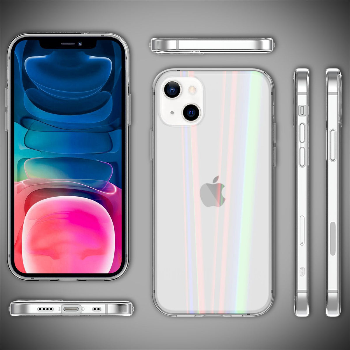 NALIA Klares Hartglas Case kompatibel mit iPhone 13 Mini Hülle, Transparent Regenbogen Effekt Anti-Gelb Kratzfest Tempered Glass & Silikon Bumper, Holografisch Bunt Glänzende Handyhülle Durchsichtig