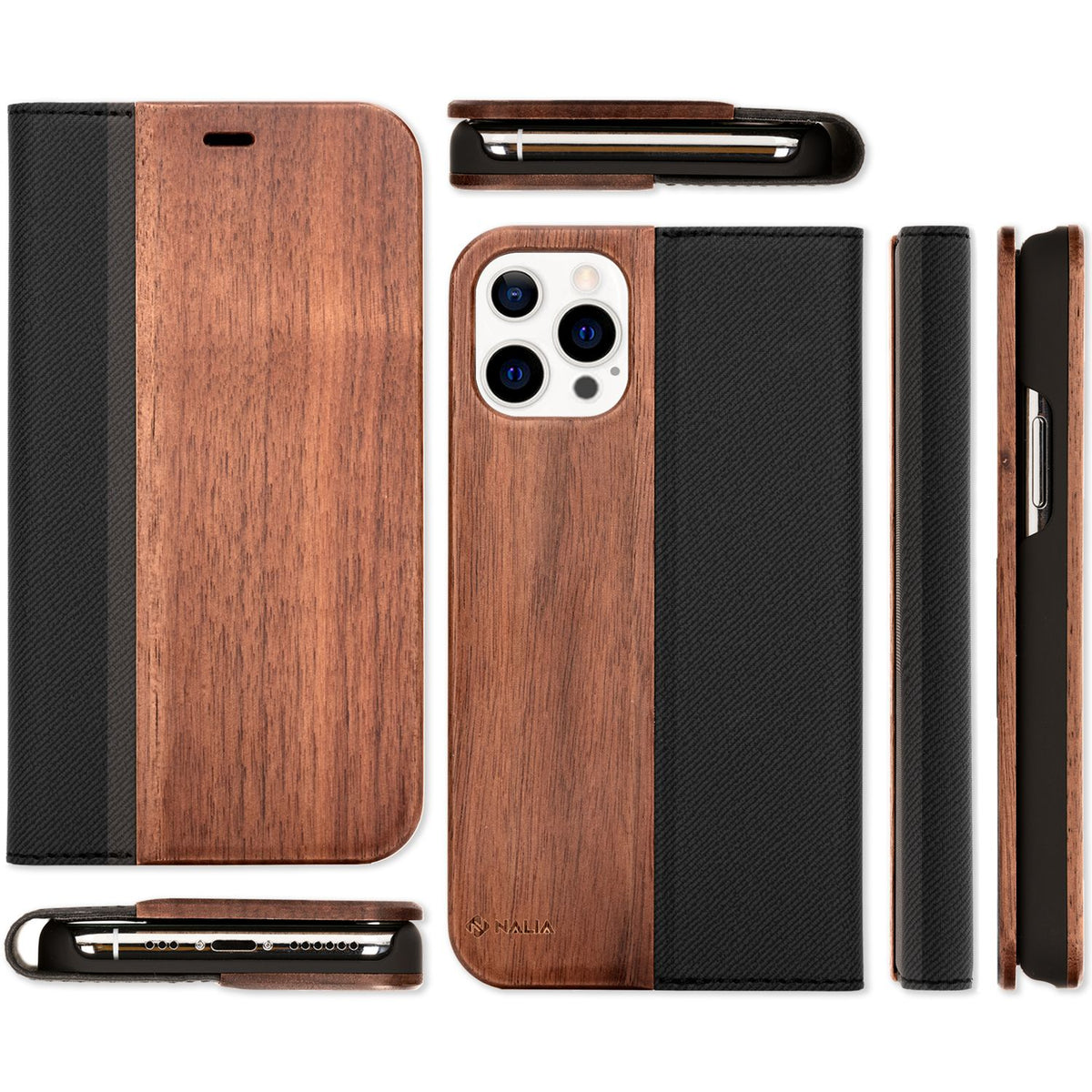 NALIA Echt-Holz Flipcase kompatibel mit iPhone 13 Pro Hülle, FSC zert. Natur Holzhülle mit Standfunktion & Kartenfach, Premium Wood Case Wallet Rundum-Schutz Handyhülle Klapphülle Bookcase - Walnuss