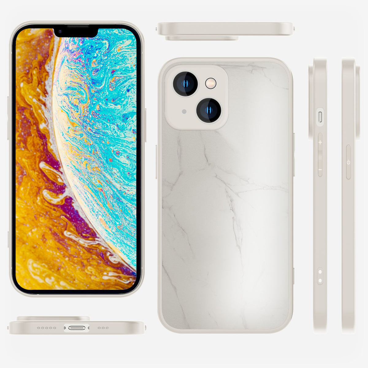 NALIA Marmor Glas Case für iPhone 14 – Robustes 9H Echtglas – MARBELLE (Silikon Bumper & Grip) – Marke aus Berlin
