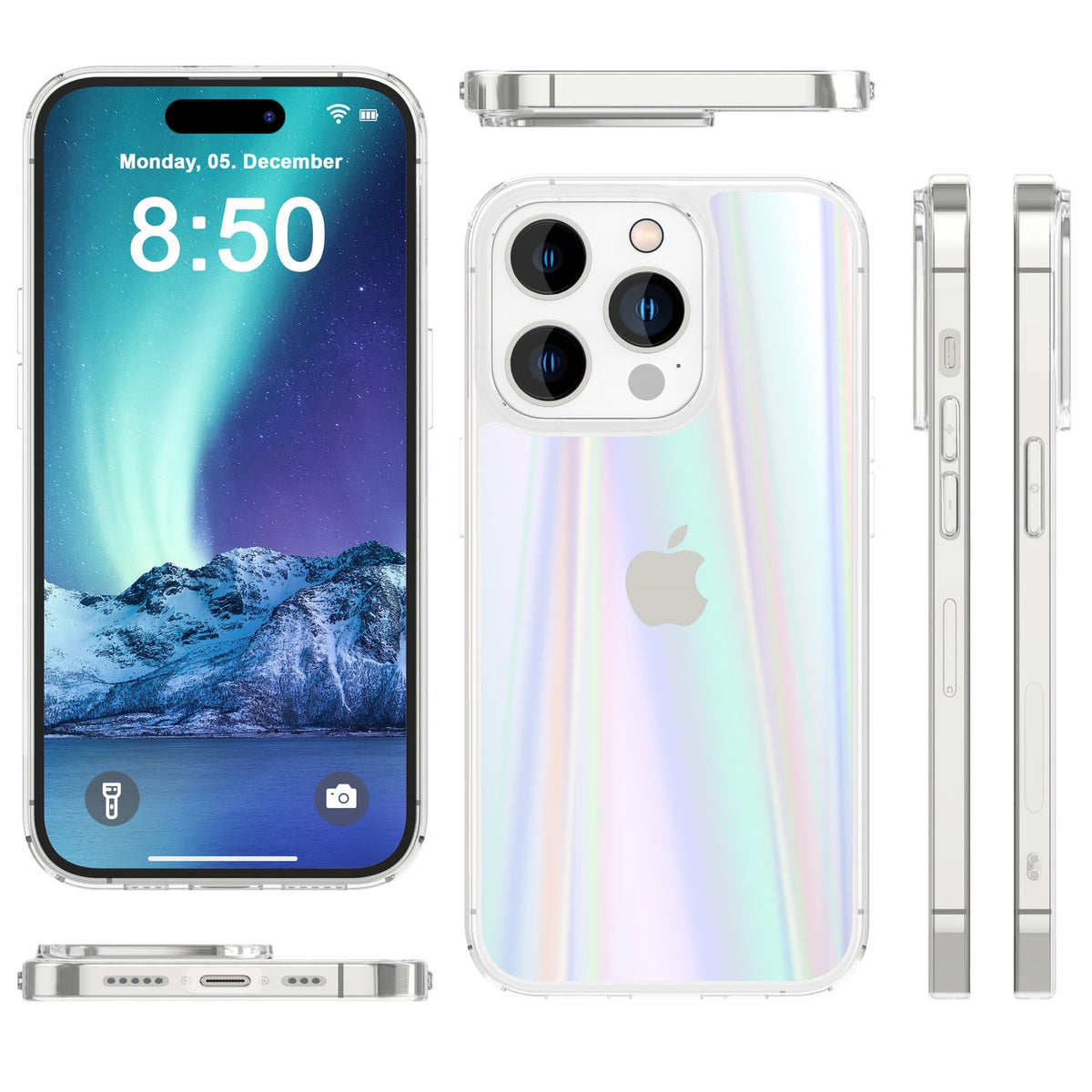 NALIA Klares Hartglas Case kompatibel mit iPhone 14 Pro Hülle, Transparent Regenbogen Effekt Anti-Gelb Kratzfest Tempered Glass & Silikon Bumper, Holografisch Bunt Glänzende Handyhülle Durchsichtig