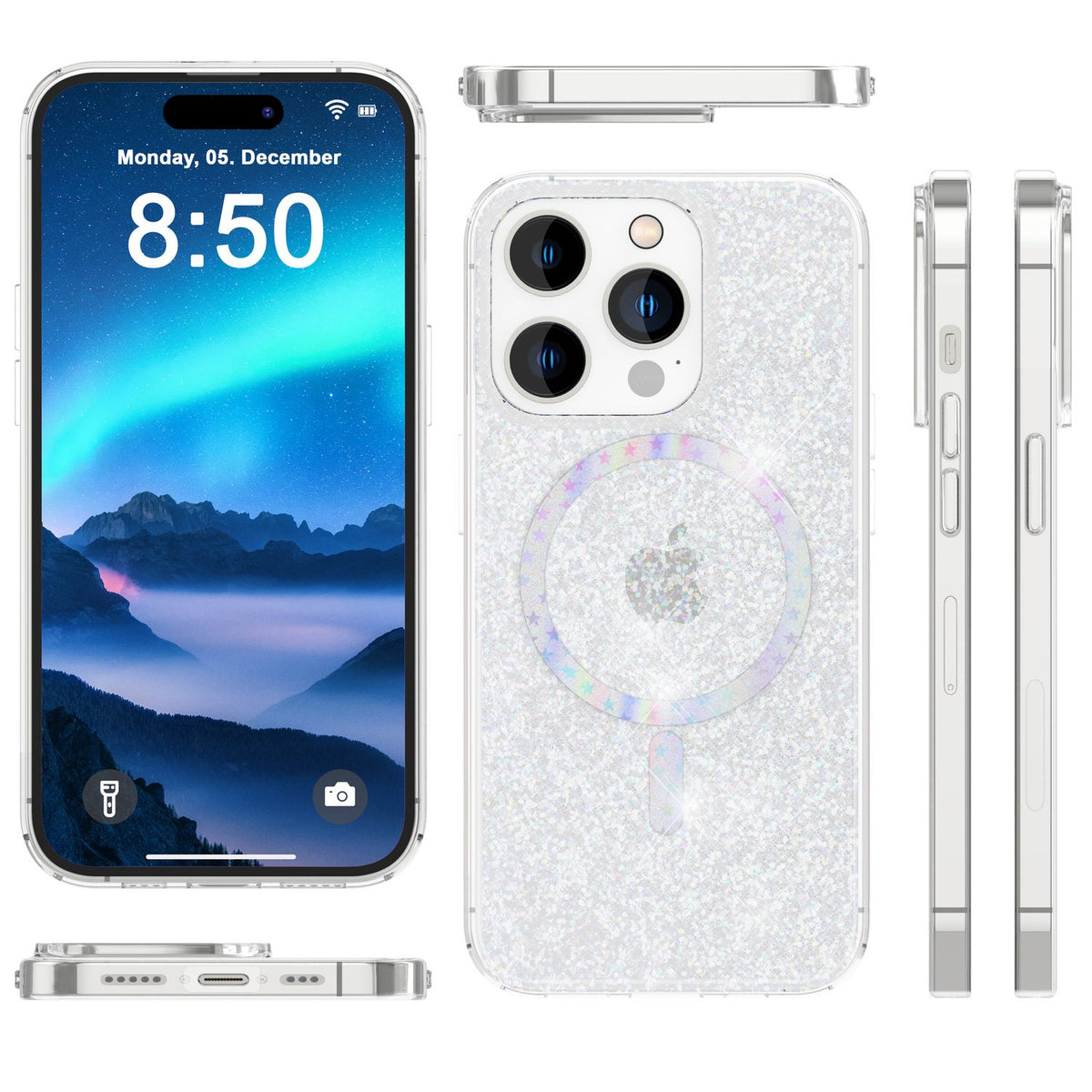 NALIA Magnet Glitzerhülle für iPhone 14 Pro – MagSafe kompatibel & 2x Schutzglas – BLYZE (Anti-Gelb Hardcase & Silikon Bumper) – Marke aus Berlin