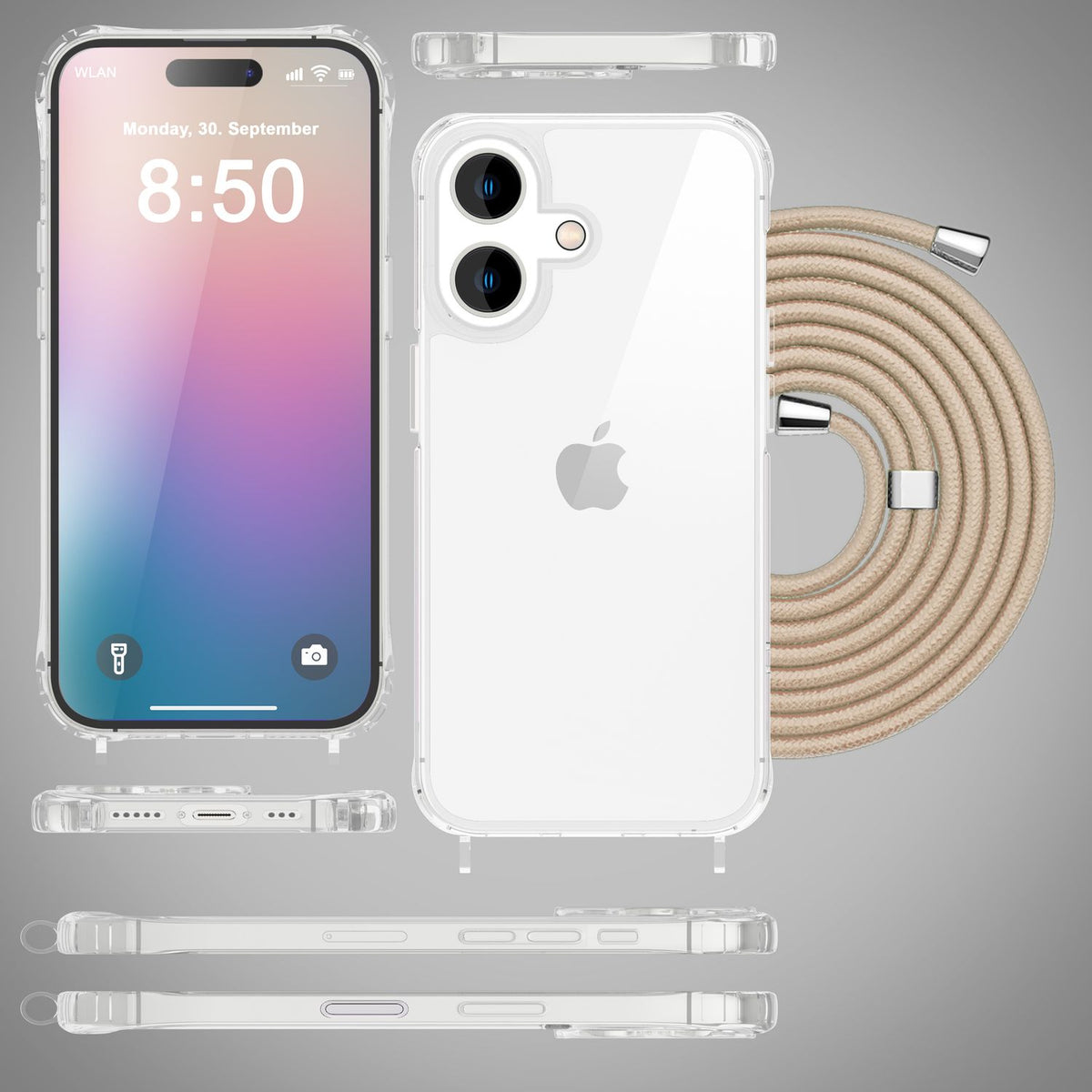 NALIA Handykette für iPhone 16 Plus – Transparentes Hybrid-Case & Band – HANGIT PRO (Anti-Gelb Rückseite & Verstellbar) – Marke aus Berlin