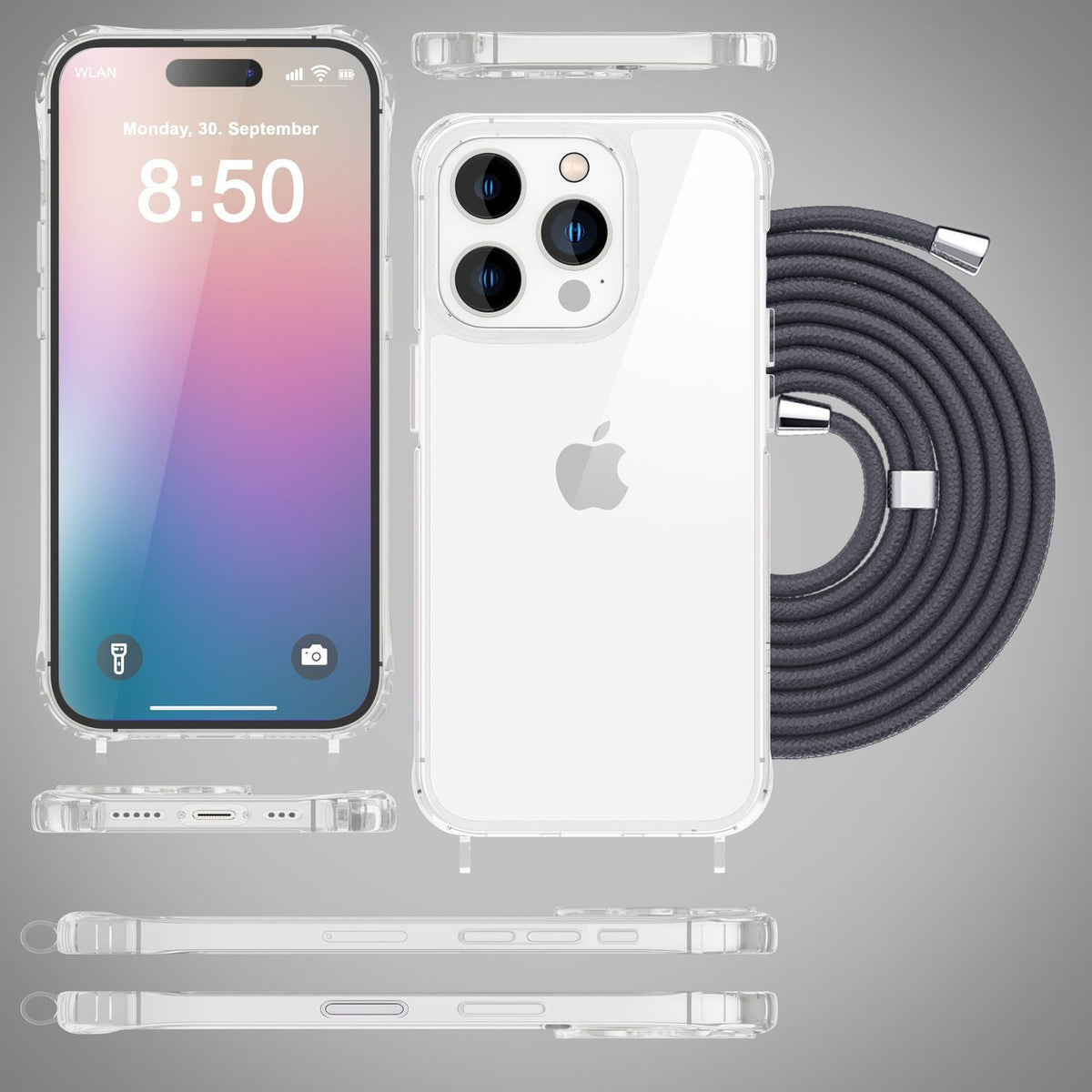 NALIA Handykette für iPhone 16 Pro Max – Transparentes Hybrid-Case & Band – HANGIT PRO (Anti-Gelb Rückseite & Verstellbar) – Marke aus Berlin