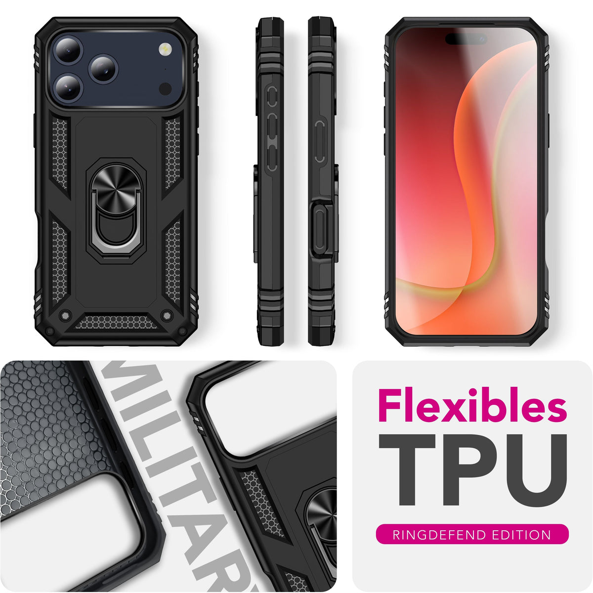 NALIA Panzerhülle für iPhone 18 Pro / 17 Pro – Ring-Ständer 360° & Magnet-Halterung Kompatibel – RINGDEFEND (Stoßfestes Outdoor Case) – Marke aus Berlin