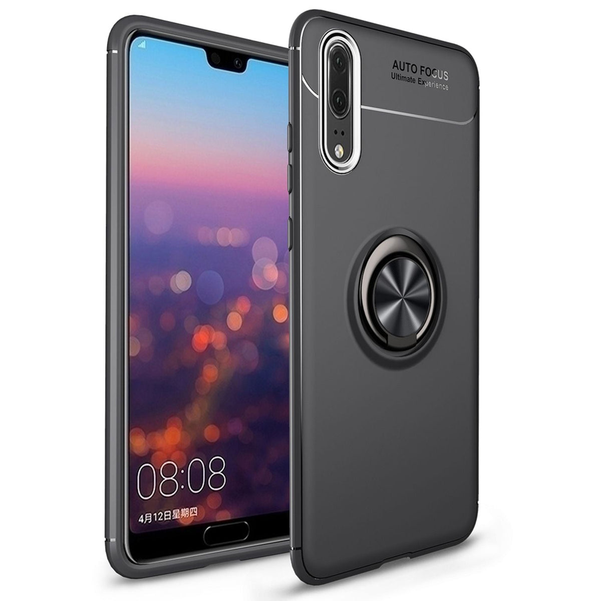 NALIA Ring Hülle kompatibel mit Huawei P20, Schutzhülle Cover magnetische Silikon Handyhülle für KFZ-Halterung 360-Grad Finger-Halter, Case Dünn Smartphone Ständer Slim Back Etui Bumper - Schwarz