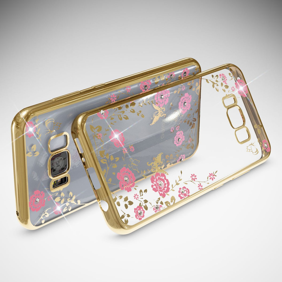 NALIA Handyhülle kompatibel mit Samsung Galaxy S8 Plus, Durchsichtiges Slim Silikon Case Blumen-Muster Metall-Optik, Dünne Schutzhülle Glitzer-Steine Bling Cover Etui Handy-Tasche Hülle
