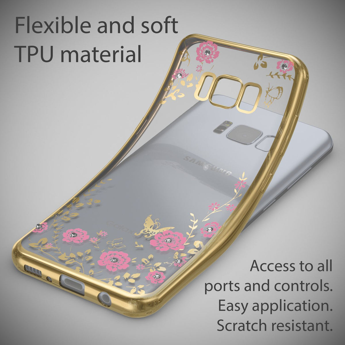 NALIA Handyhülle kompatibel mit Samsung Galaxy S8 Plus, Durchsichtiges Slim Silikon Case Blumen-Muster Metall-Optik, Dünne Schutzhülle Glitzer-Steine Bling Cover Etui Handy-Tasche Hülle