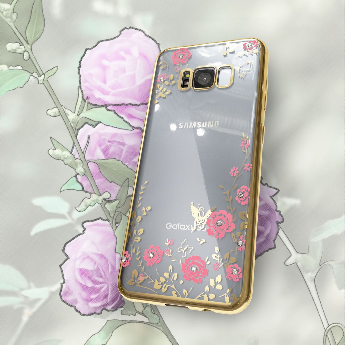 NALIA Handyhülle kompatibel mit Samsung Galaxy S8 Plus, Durchsichtiges Slim Silikon Case Blumen-Muster Metall-Optik, Dünne Schutzhülle Glitzer-Steine Bling Cover Etui Handy-Tasche Hülle