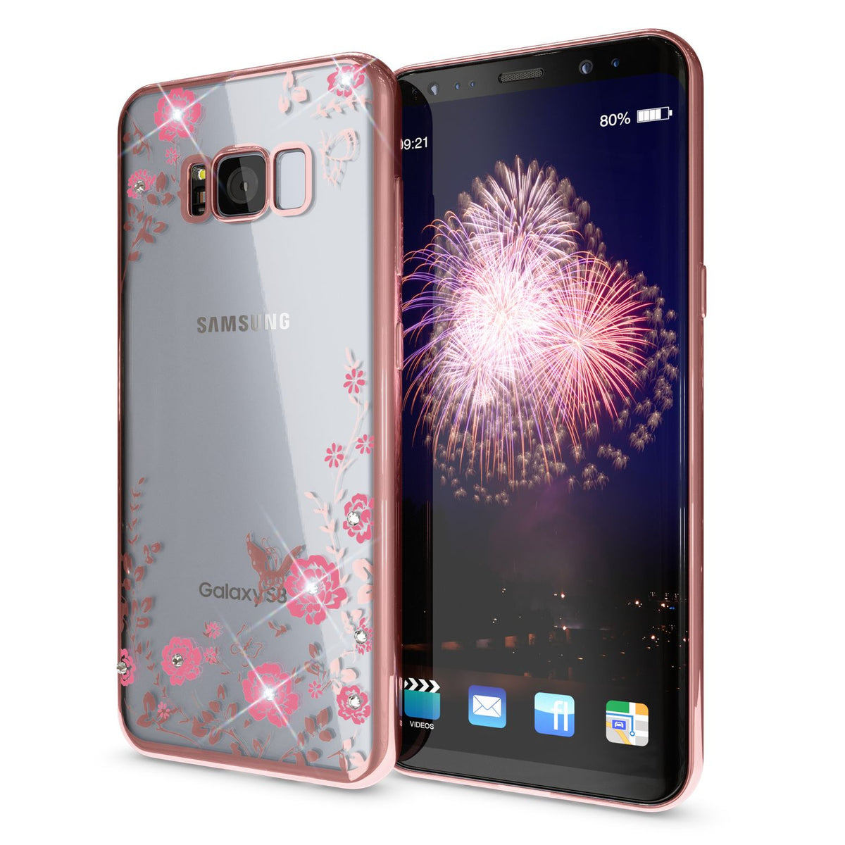 NALIA Handyhülle kompatibel mit Samsung Galaxy S8 Plus, Durchsichtiges Slim Silikon Case Blumen-Muster Metall-Optik, Dünne Schutzhülle Glitzer-Steine Bling Cover Etui Handy-Tasche Hülle