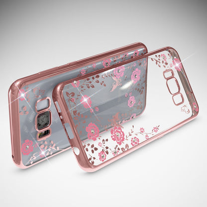 NALIA Handyhülle kompatibel mit Samsung Galaxy S8 Plus, Durchsichtiges Slim Silikon Case Blumen-Muster Metall-Optik, Dünne Schutzhülle Glitzer-Steine Bling Cover Etui Handy-Tasche Hülle