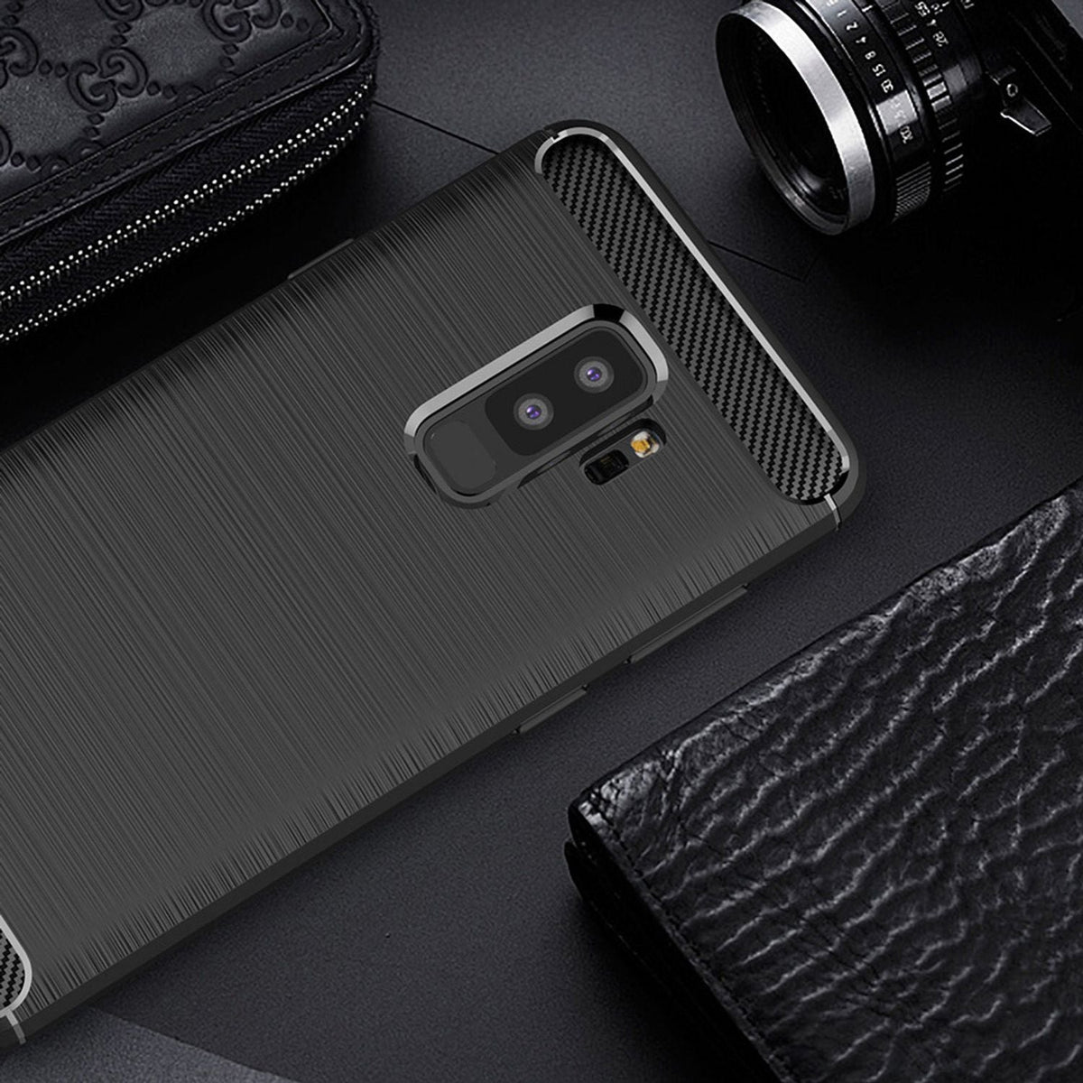 NALIA Silikonhülle für Samsung Galaxy S9 Plus – Rutschfest & Matt – VORTEX (Gebürstete Optik & Carbon Design) – Marke aus Berlin