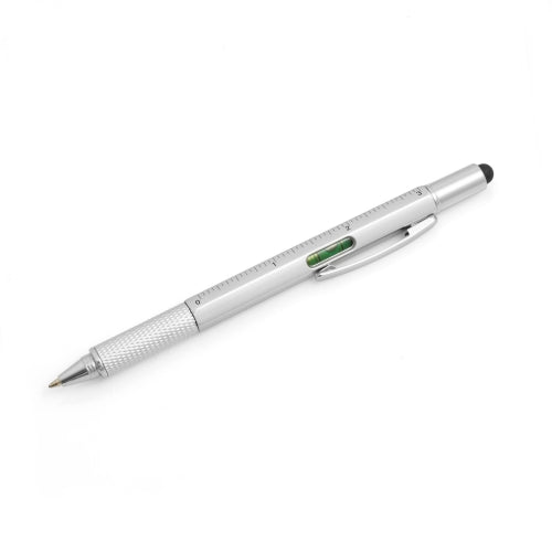 System-S 6in1 Stylus Touch Pen Eingabestift Kugelschreiber Lineal Schraubendreher Wasserwaage für Smartphone & Tablet PC in Silber-Farben - DREIKS
