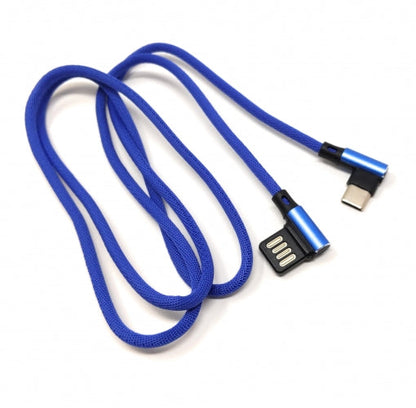 USB Typ C 3.1 Nylon Kabel auf umkehrbarer USB Schnittstelle Typ A 2.0 90° Grad gewinkelt in Blau 97 cm | System-S