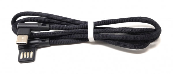 USB Typ C 3.1 Nylon Kabel auf umkehrbarer USB Schnittstelle Typ A 2.0 90° Grad gewinkelt in Schwarz 97 cm | System-S