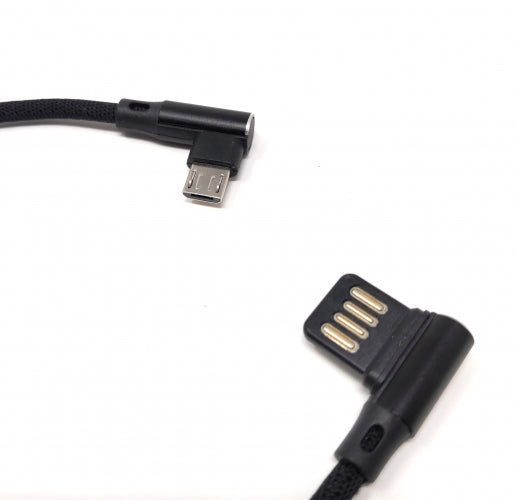 Micro USB Kabel Nylon links gewinkelt auf umkehrbarer USB Schnittstelle Typ A in Schwarz 29 cm | System-S
