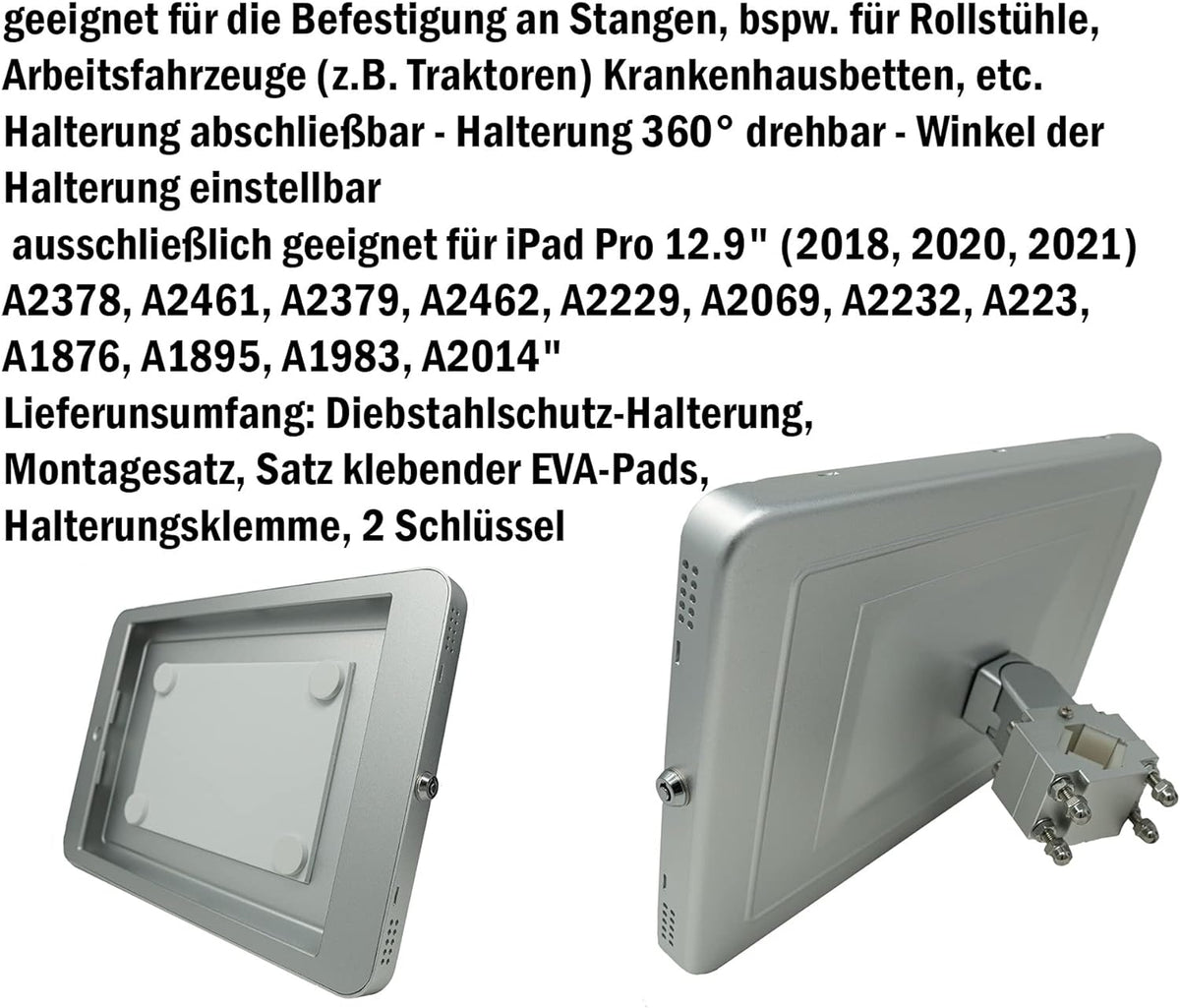 Stangen Halterung mit Schloss Befestigung aus Metall für iPad Pro 12.9" (2018, 2020, 2021) | System-S