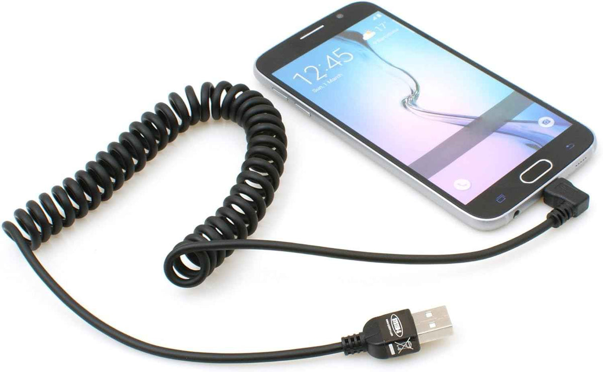 System-S Micro USB 2.0 Spiral Kabel 90 Grad gewinkelt Winkelstecker (links/male) Datenkabel Ladekabel 150cm - DREIKS