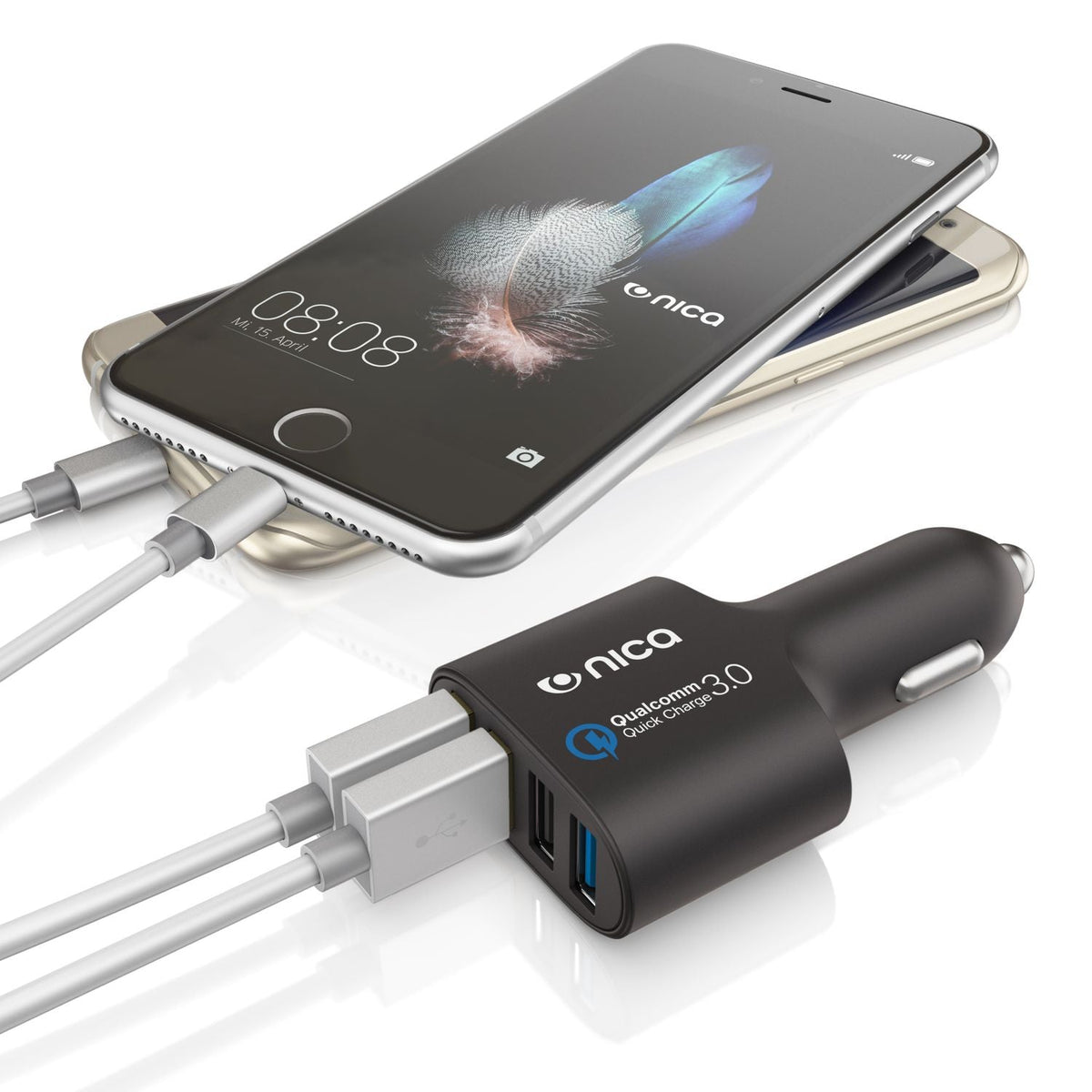 NALIA 4-Port USB Quick-Charge 3.0 Auto-Ladegerät, Car Charger Schnellladegerät Mini Ladestecker Adapter Kfz Zigaretten-Anzünder Power Ladeadapter kompatibel mit iPhone Samsung Huawei Sony Navi Tablet