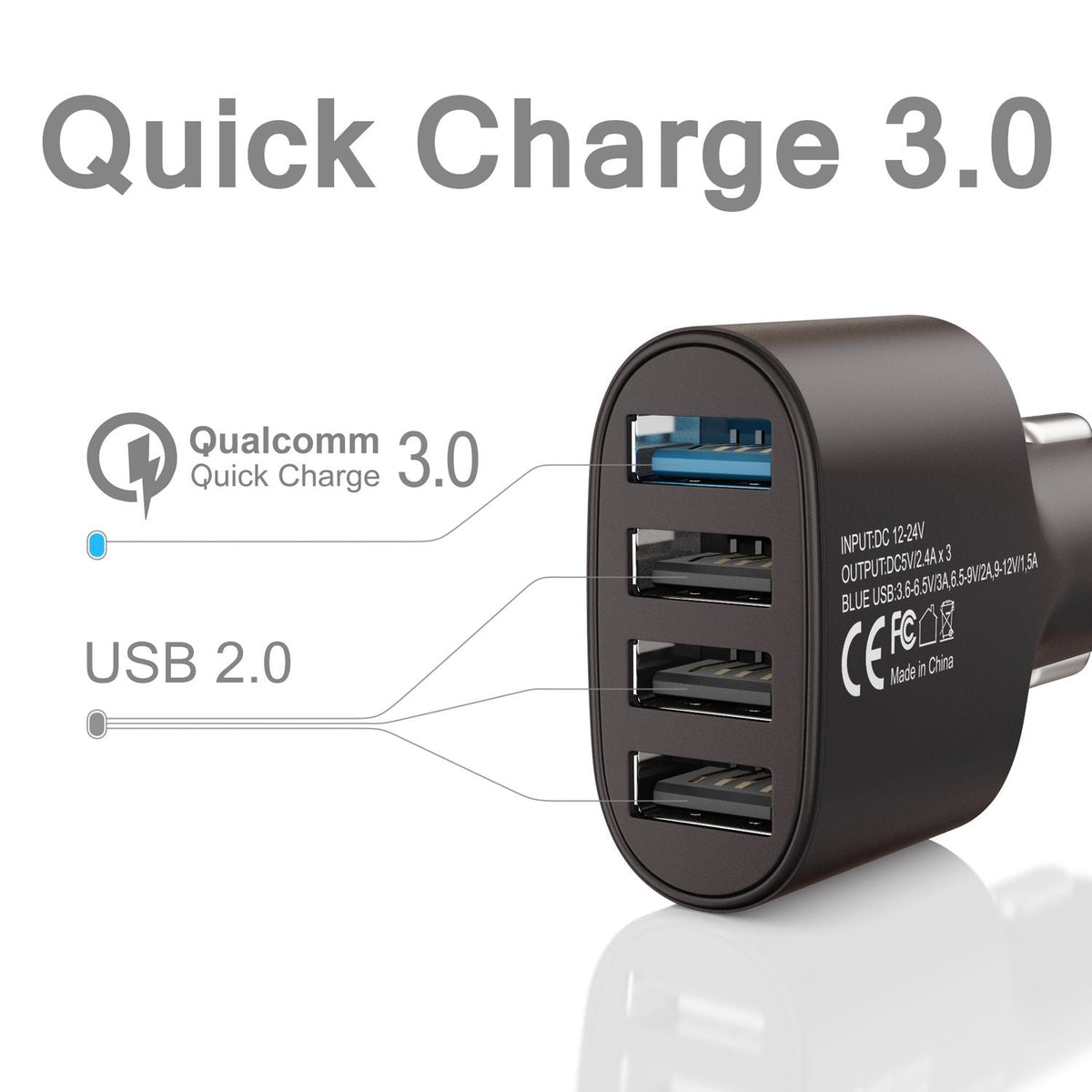 NALIA 4-Port USB Quick-Charge 3.0 Auto-Ladegerät, Car Charger Schnellladegerät Mini Ladestecker Adapter Kfz Zigaretten-Anzünder Power Ladeadapter kompatibel mit iPhone Samsung Huawei Sony Navi Tablet