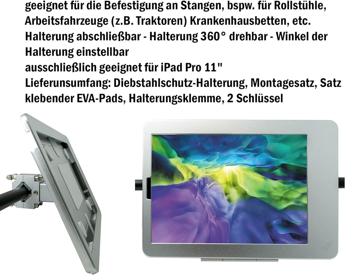 SYSTEM-S Stangen Halterung mit Schloss Befestigung aus Metall in Schwarz für iPad Pro 11" - DREIKS