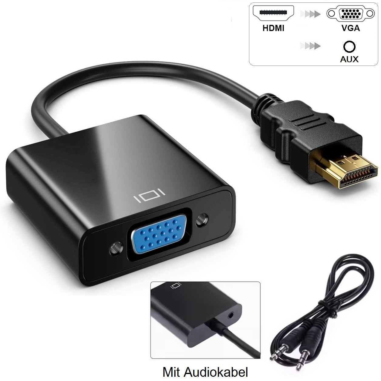 HDMI-Stecker auf VGA-Buchse, Adapter, Konverter, D-Sub, 15-polig, Full HD 1080p, vergoldet