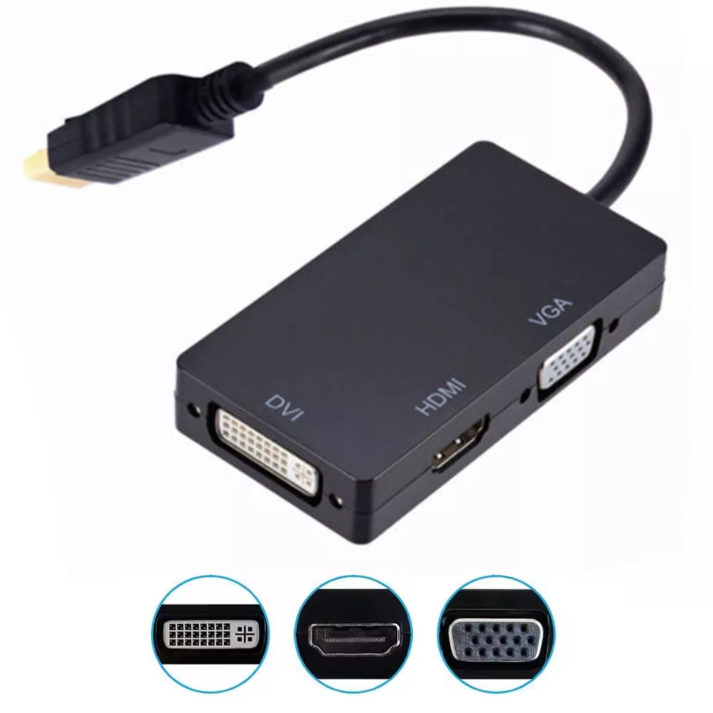 DisplayPort auf HDMI DVI VGA Adapter DP Konverter 3in1 1080p Schwarz oder Weiß - DREIKS