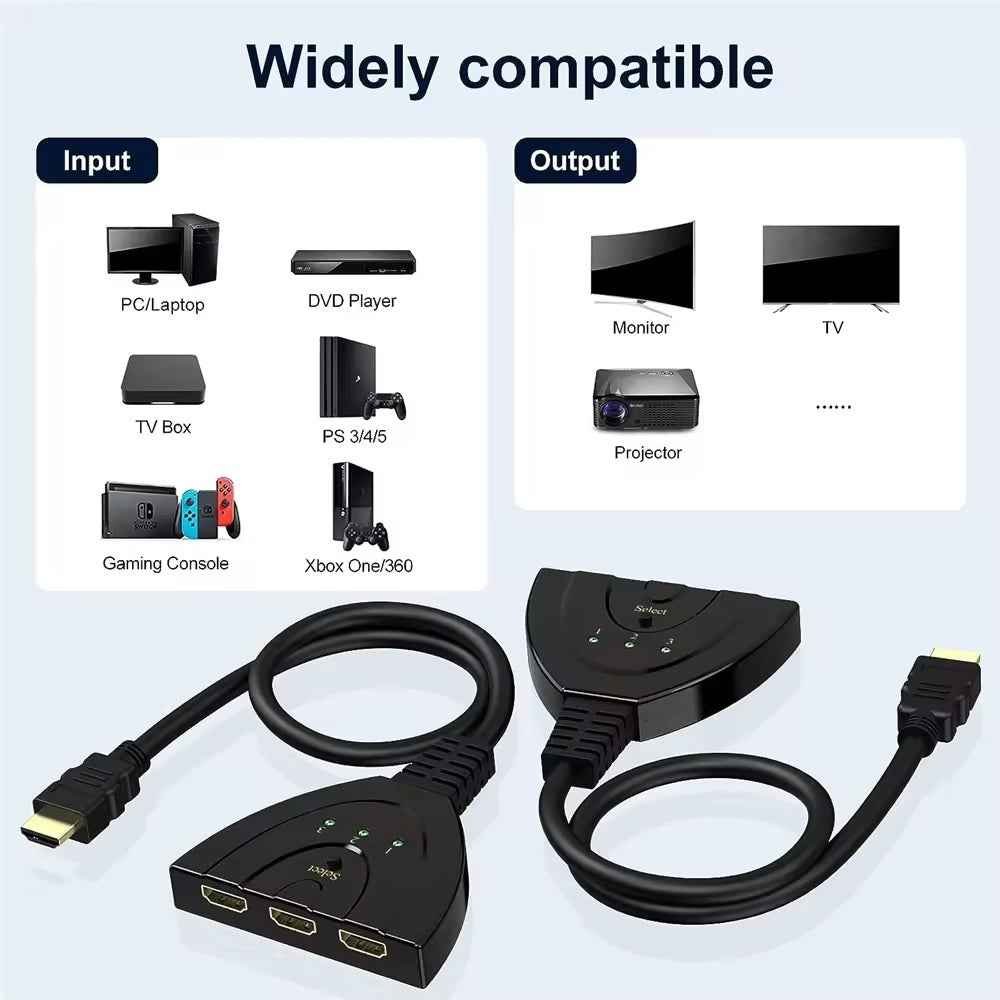 3-in-1-out HDMI Switch Adapter Umschalter 3in1 Ultra HD 4K oder Full HD 1080p - DREIKS
