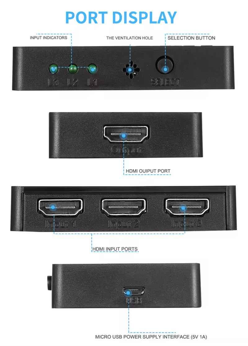 3-in-1-out HDMI Switch Umschalter Fernbedienung Ultra HD 4K oder Full HD 1080p - DREIKS