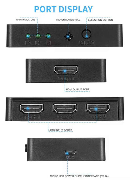3-in-1-out HDMI Switch Umschalter Fernbedienung Ultra HD 4K oder Full HD 1080p - DREIKS