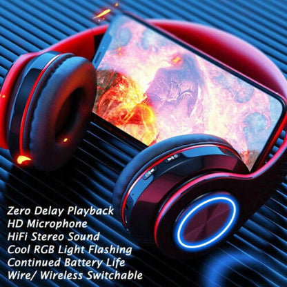 Over-Ear Headphones Bluetooth Wireless Foldable with LED Lights