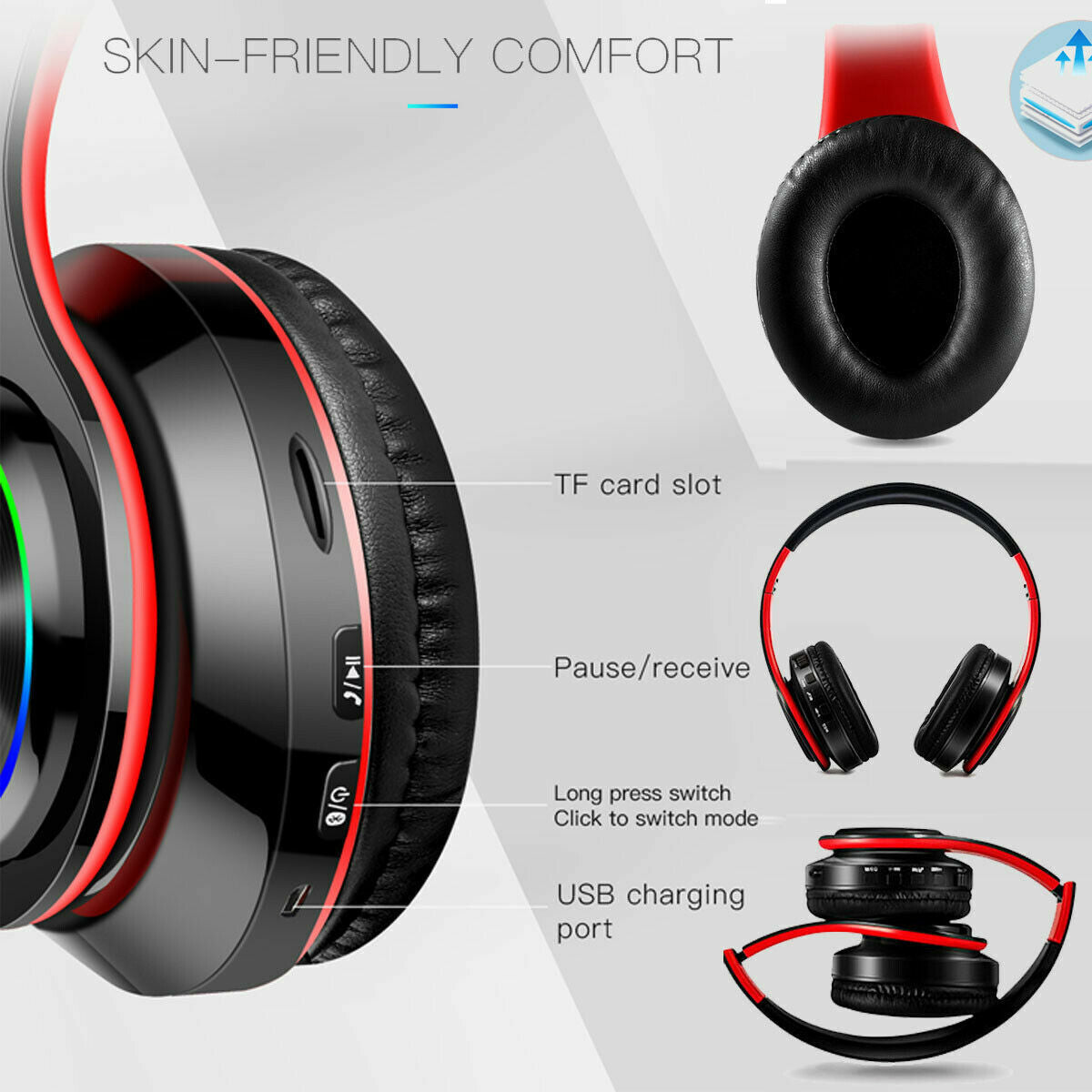 Over-Ear Headphones Bluetooth Wireless Foldable with LED Lights