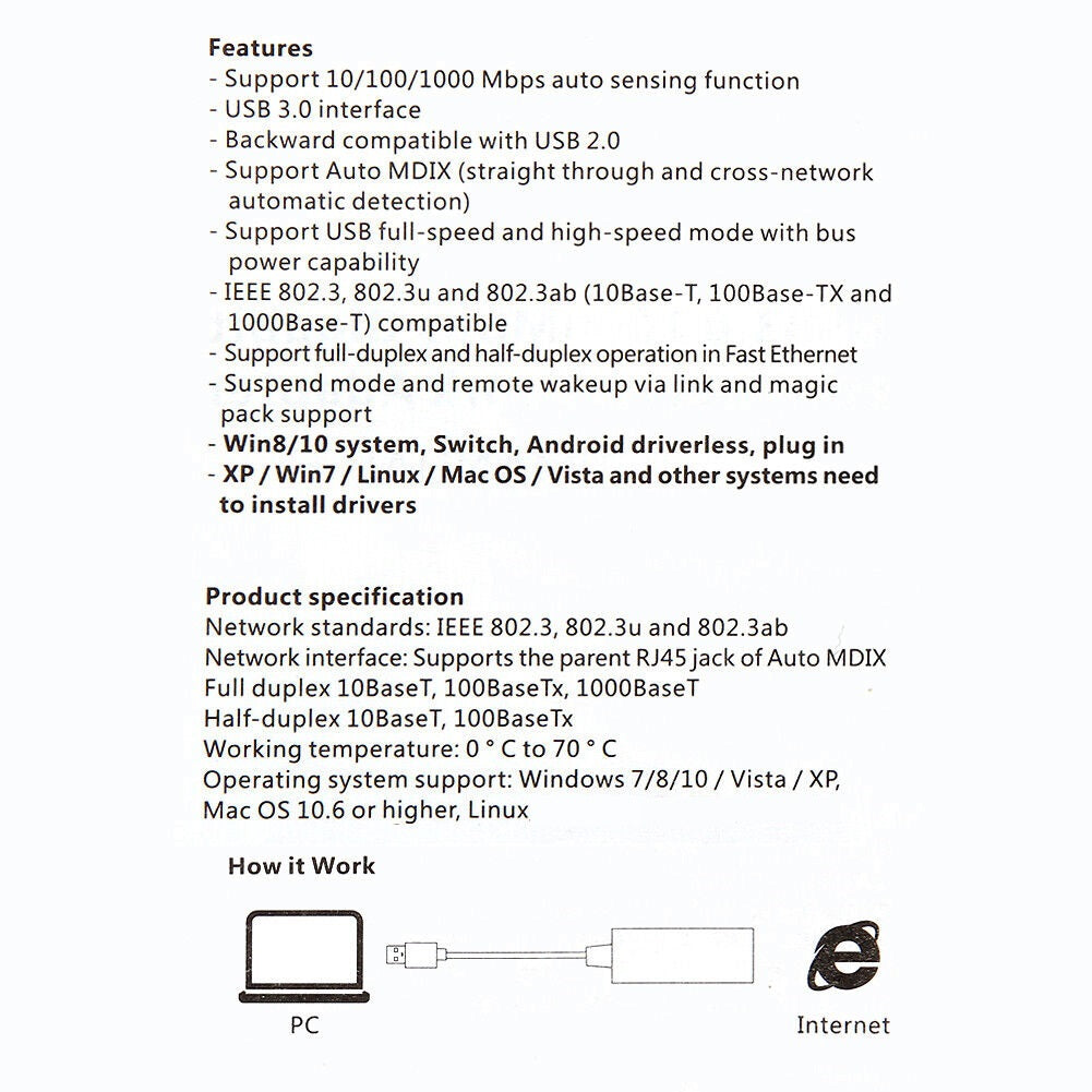 10/100/1000 Mbit/s Gigabit-Ethernet-USB3.0-zu-RJ45-Netzwerkadapter USB-LAN-Adapter