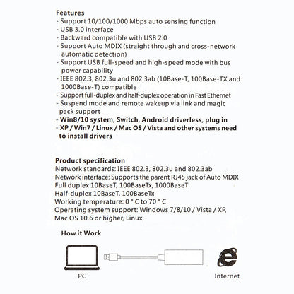 10/100/1000 Mbit/s Gigabit-Ethernet-USB3.0-zu-RJ45-Netzwerkadapter USB-LAN-Adapter