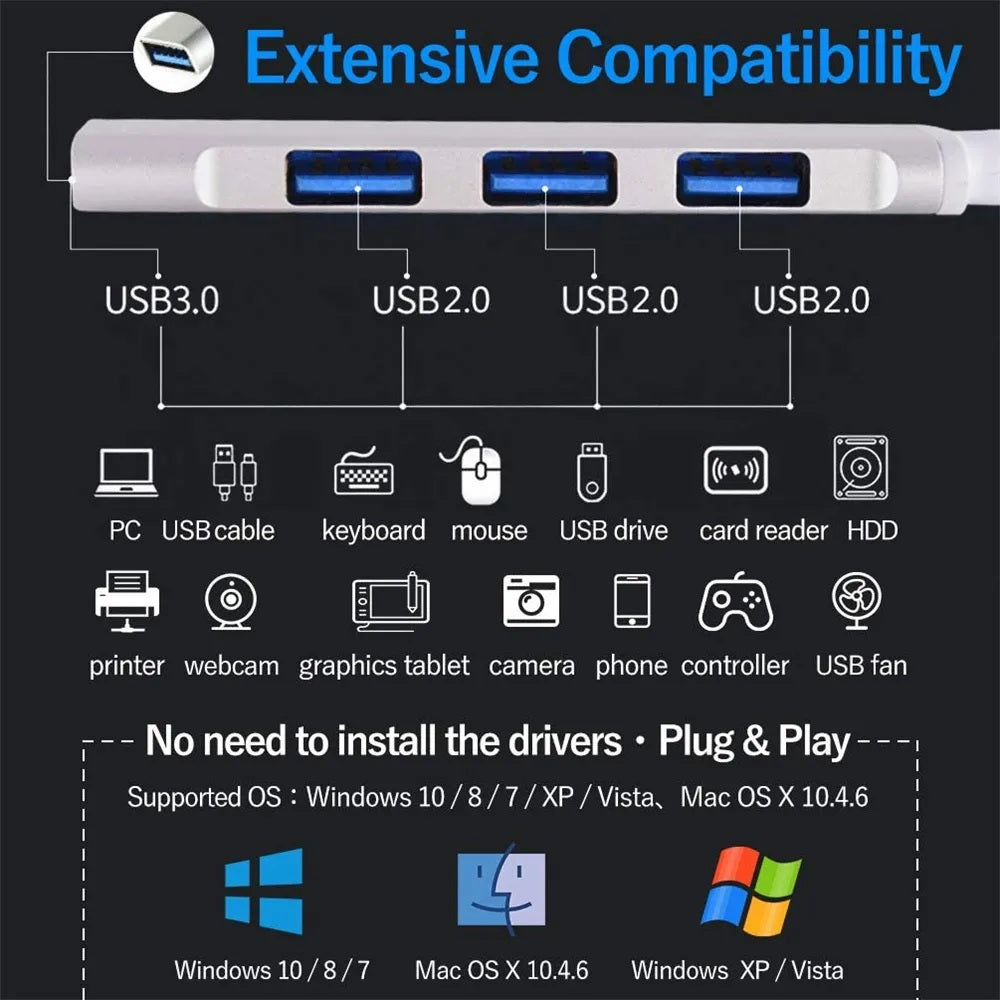 4-Port-USB-Hub USB 2.0 USB 3.0-Daten-Hub-Dockingstation