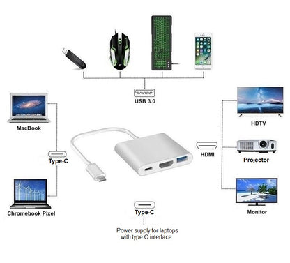 3-Port USB Hub USB-C to HDMI USB-C USB-A 3.0 4K PD