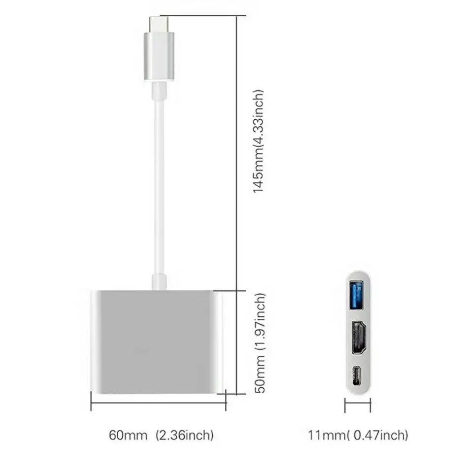 3-Port USB Hub USB-C to HDMI USB-C USB-A 3.0 4K PD