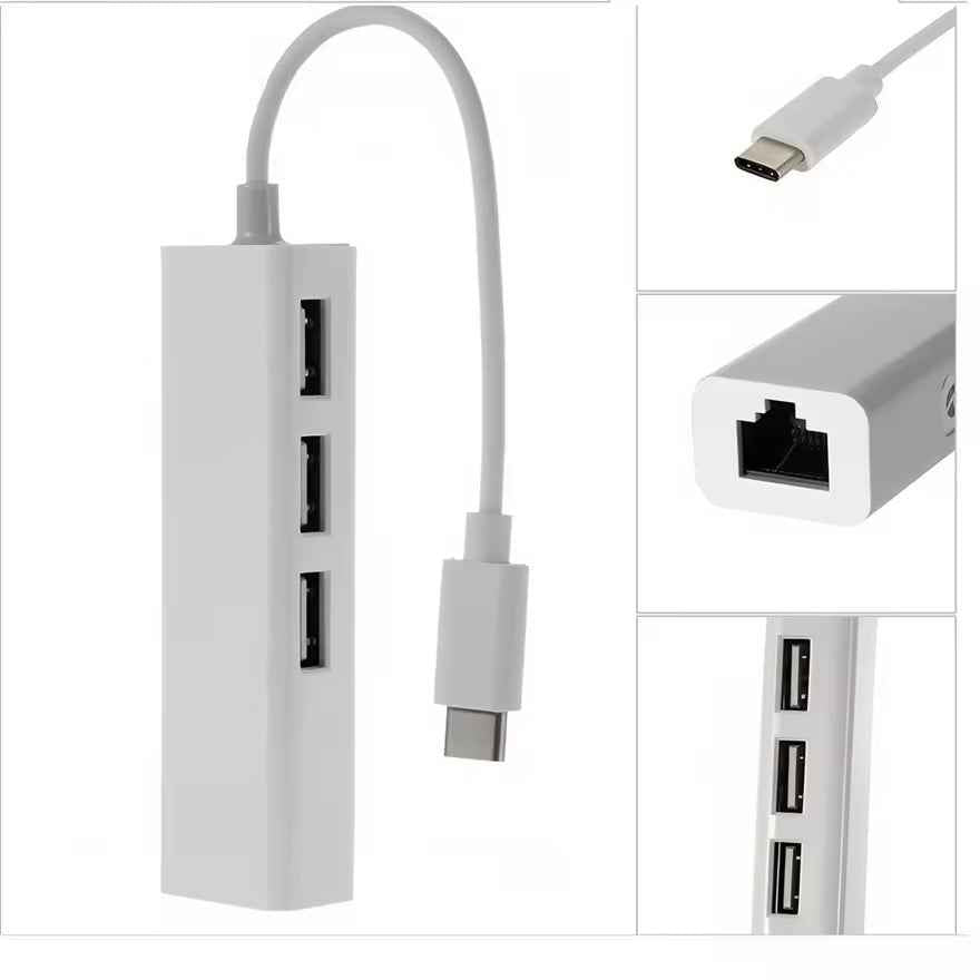 USB C auf 3x USB A und RJ45 Ethernet LAN Adapter Hub Mac USB-C 10/100 Mbps - DREIKS