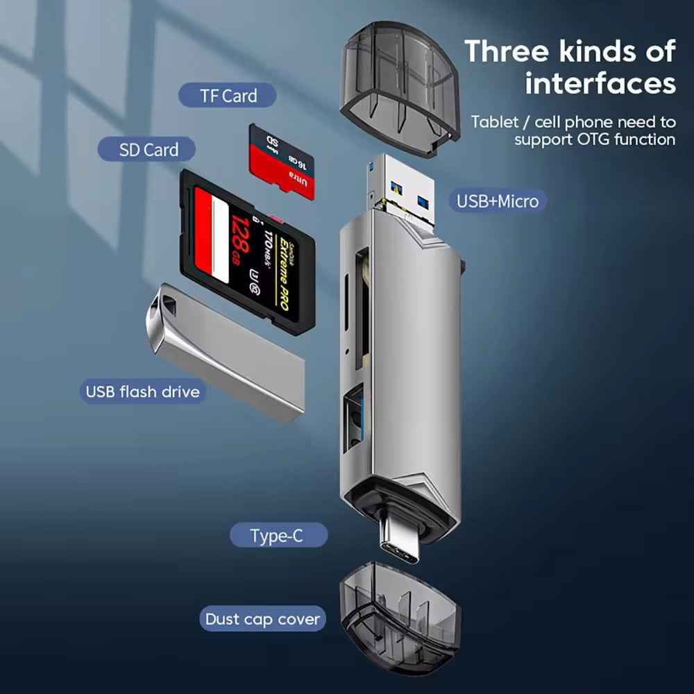 6-in-1 Kartenleser USB 3.0 Speicherkartenleser Typ-C Micro USB SD TF OTG Grau - DREIKS
